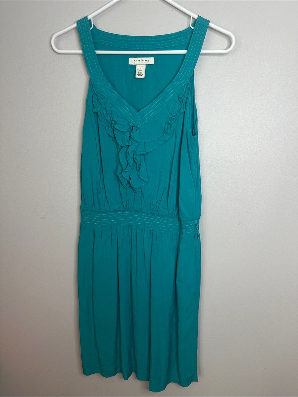 White House Black Market Teal Ruffle V-Neck Sleeveless Dress - Gathered Waist